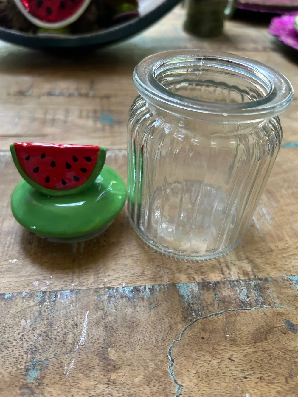 Watermelon-Top Green Lid Glass Spice Jar - Decorative Kitchen NWOT Canister